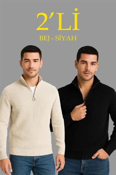 Erkek Fitilli Triko Kazak 2’li Set – Siyah - Bej Kalın Dokuma Pamuklu Regular Fit V Yaka Fermuarlı Uzun Kollu Rahat Kışlık Kazak Kombini