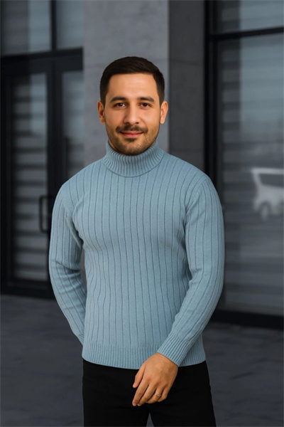 Erkek Fitilli Triko Kazak 2li Set Bebek Mavisi Siyah Regular Balıkcı Yaka Tam Boğazlı Triko Seti Modeli Kazak