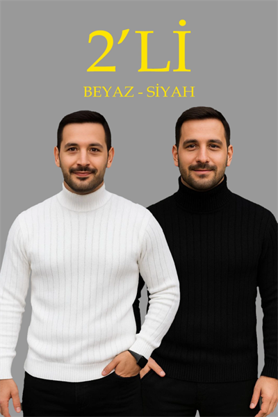 Erkek Fitilli Triko Kazak 2li Set Beyaz Siyah Regular Balıkcı Yaka Tam Boğazlı Triko Seti Modeli Kazak