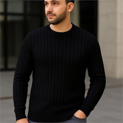 Erkek Fitilli Triko Kazak 2’li Set Siyah Saks Mavisi Kalın Dokuma Pamuklu Regular Fit