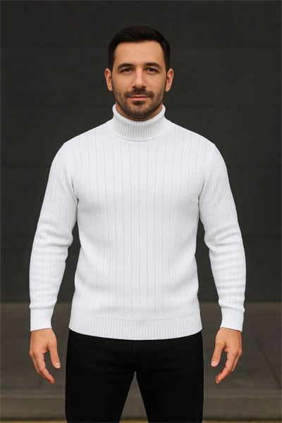 Erkek Fitilli Triko Kazak 3lÜ Set Beyaz Bordo Siyah Regular Balıkcı Yaka Tam Boğazlı Triko Seti Modeli Kazak