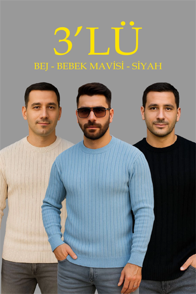 Erkek Fitilli Triko Kazak 3’lü Set – Bej, Bebek Mavisi, Siyah  Kalın Dokuma Pamuklu Regular Fit Bisiklet Yaka Uzun Kollu Kışlık Ve Baharlık Rahat Triko Kombini