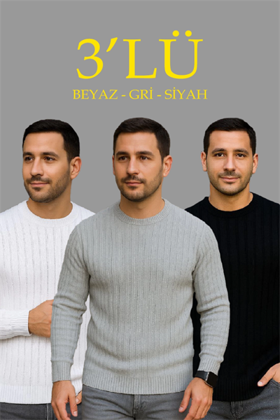 Erkek Fitilli Triko Kazak 3’lü Set – Beyaz, Gri, Siyah  Kalın Dokuma Pamuklu Regular Fit Bisiklet Yaka Uzun Kollu Kışlık Ve Baharlık Rahat Triko Kombini