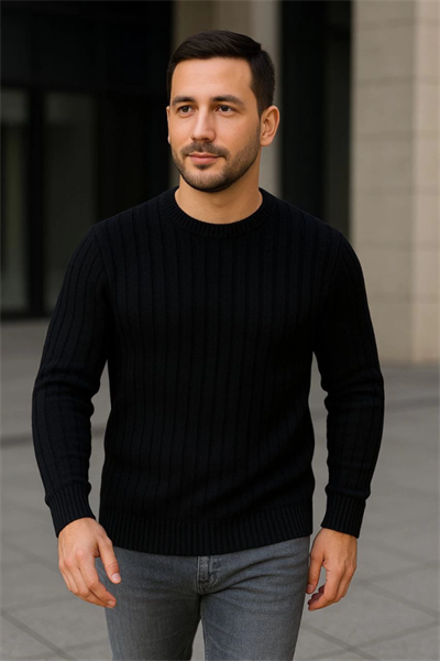Erkek Fitilli Triko Kazak 3lü Set Bej Gri Siyah Regular Fit Bisiklet Yaka Triko Seti Kazak Modeli