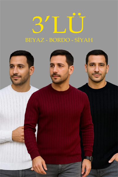Erkek Fitilli Triko Kazak 3lü Set Beyaz Bordo Siyah Regular Fit Bisiklet Yaka Triko Seti
