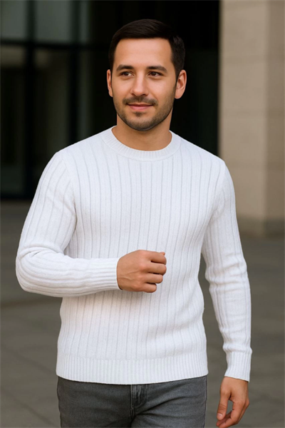 Erkek Fitilli Triko Kazak 3lü Set Beyaz Bordo Siyah Regular Fit Bisiklet Yaka Triko Seti