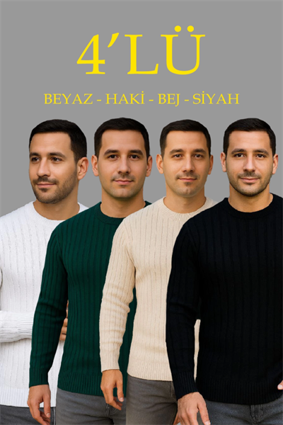 Erkek Fitilli Triko Kazak 4’lü Set – Beyaz, Haki, Bej, Siyah  Kalın Dokuma Pamuklu Regular Fit Bisiklet Yaka Uzun Kollu Kışlık Ve Baharlık Rahat Triko Kombini