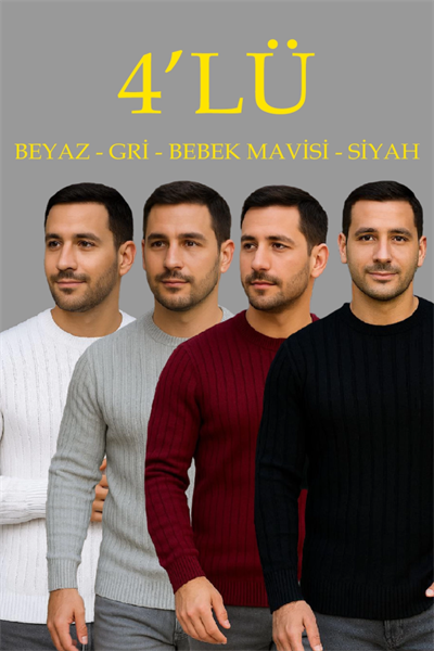 Erkek Fitilli Triko Kazak 4’lü Set Beyaz Bordo Gri Siyah Regular Fit Bisiklet Yaka Kazak Triko Kombini