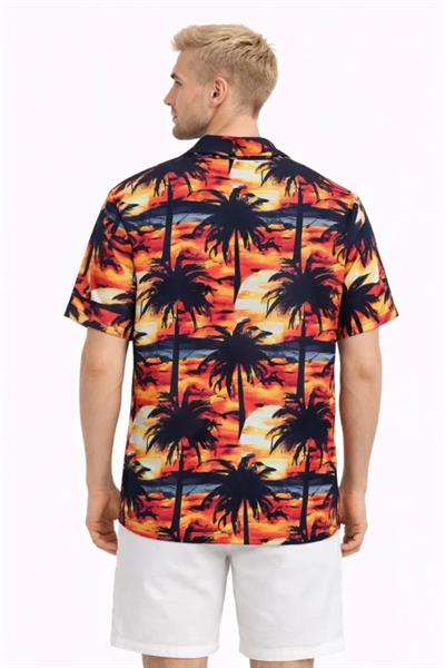 Erkek Gün Batımı Palmiye Desenli Kısa Kol Gömlek Hawaii Tarz Yazlık Rahat Kalıp - Desenli