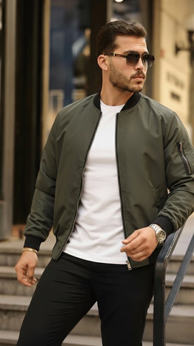 Erkek Içi Astarlı Fermuarlı Bomber Mont Ceket - Haki