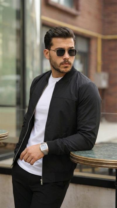 Erkek İçi Astarlı Su Geçirmez Bomber Mevsimlik Ceket - Siyah