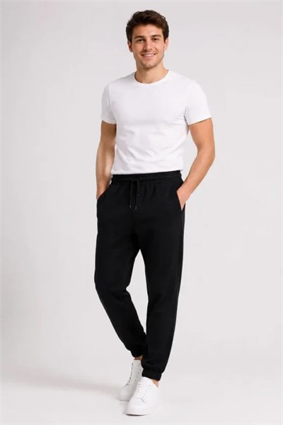 Erkek İki İplik Beli Lastikli Bağcıklı Regular Fit Jogger Eşofman Altı - Siyah