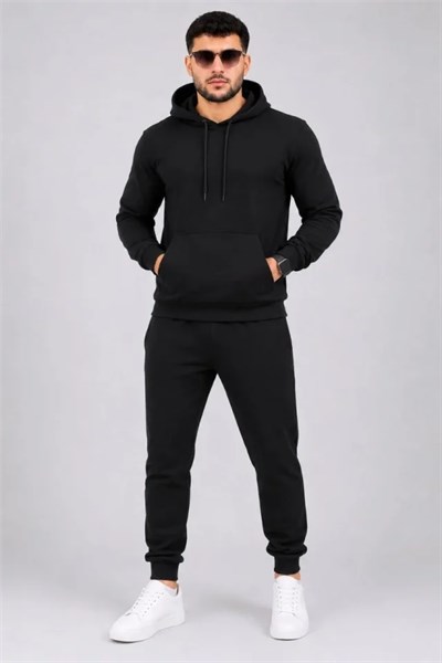 Erkek İki İplik Kapüşonlu Kanguru Cepli Sweatshirt Jogger Pantolon Alt Üst Eşofman Takımı -Siyah