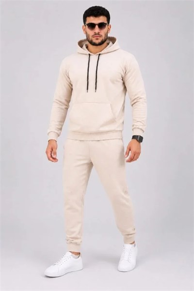 Erkek İki İplik Kapüşonlu Kanguru Cepli Sweatshirt Jogger Pantolon Alt Üst Eşofman Takımı -Bej