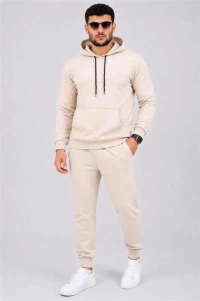 Erkek İki İplik Kapüşonlu Kanguru Cepli Sweatshirt Jogger Pantolon Alt Üst Eşofman Takımı -Bej