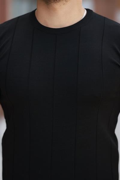 Erkek Ince çizgi Dokulu Bisiklet Yaka Kısa Kollu T-shirt