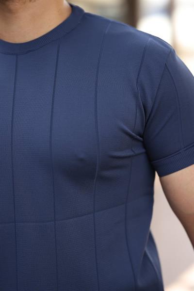 Erkek Ince çizgi Dokulu Bisiklet Yaka Kısa Kollu T-shirt