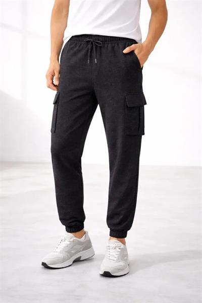 Erkek Jogger Eşofman Altı Regular Fit , Kargo Cepli, Lastikli Paça, Günlük Spor Pantolon - Füme