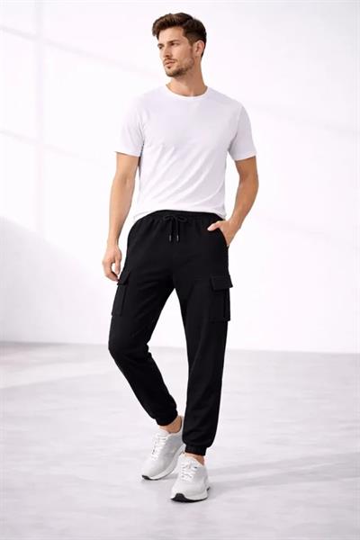 Erkek Jogger Eşofman Altı Regular Fit , Kargo Cepli, Lastikli Paça, Günlük Spor Pantolon - Siyah