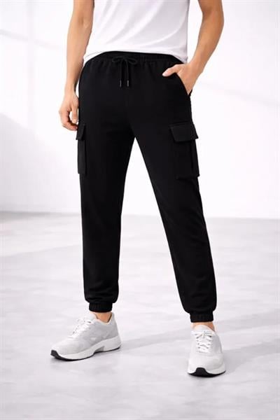 Erkek Jogger Eşofman Altı Regular Fit , Kargo Cepli, Lastikli Paça, Günlük Spor Pantolon - Siyah