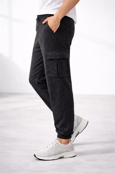 Erkek Jogger Eşofman Altı Regular Fit , Kargo Cepli, Lastikli Paça, Günlük Spor Pantolon - Füme