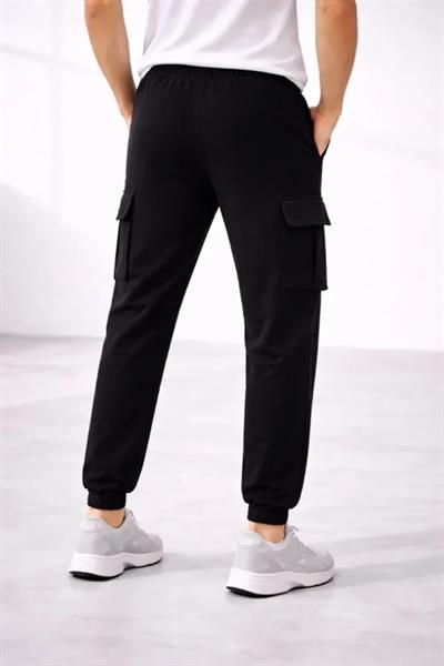 Erkek Jogger Eşofman Altı Regular Fit , Kargo Cepli, Lastikli Paça, Günlük Spor Pantolon - Siyah