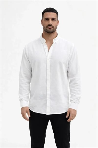 Erkek KETEN Kumaş Oversize Uzun Kollu Rahat Kalıp Gömlek - Beyaz