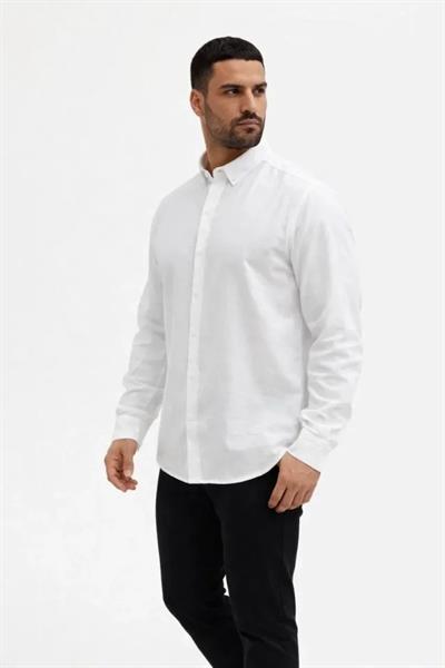 Erkek KETEN Kumaş Oversize Uzun Kollu Rahat Kalıp Gömlek - Beyaz