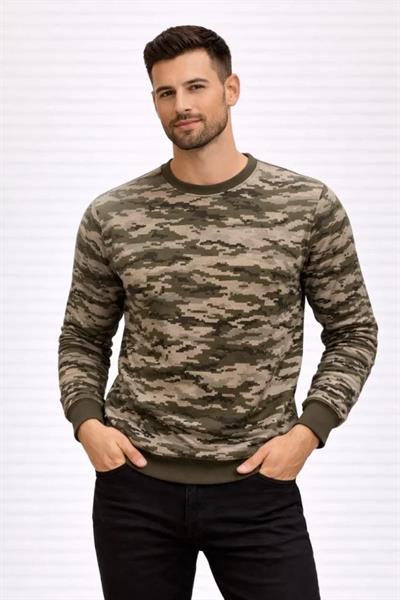 Erkek Kamuflaj Desenli 2 İplik 4 Mevsim Uzun Kollu Bisiklet Yaka Sweatshirt - Kamuflaj