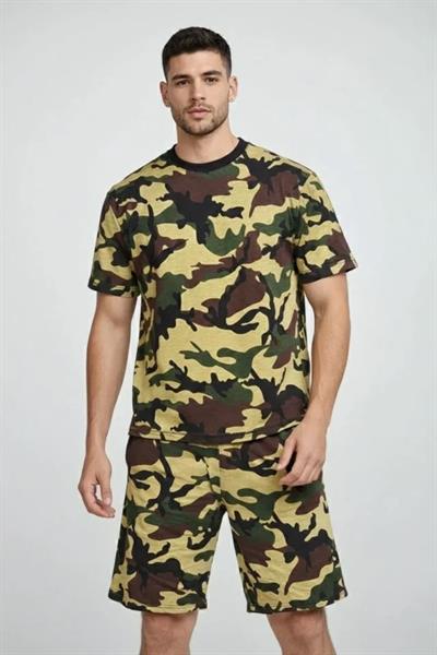 Erkek Kamuflaj Desenli Tişört Şort Takım – Regular Fit Günlük Spor 2’li Yazlık Kombin - Kamuflaj