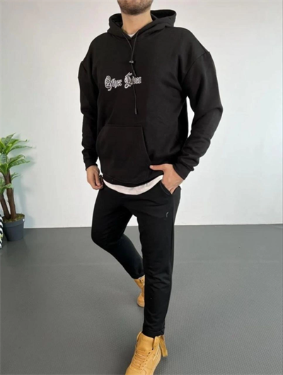Erkek Kapşonlu Sweatshirt – Oversize Üç İplik Şardonlu Hoodie, “Other Lives” Ön - Arka Baskılı, Kanguru Cepli, Kışlık Rahat Günlük Stil - Siyah