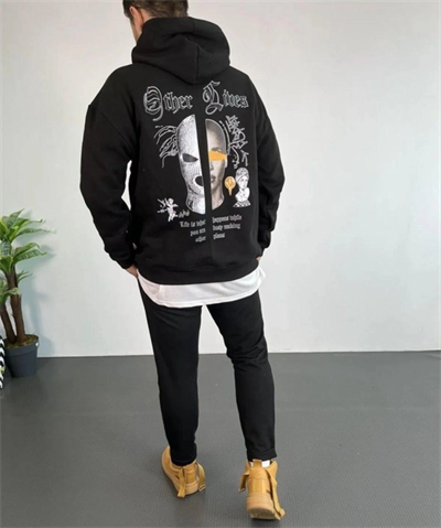 Erkek Kapşonlu Sweatshirt – Oversize Üç İplik Şardonlu Hoodie, “Other Lives” Ön - Arka Baskılı, Kanguru Cepli, Kışlık Rahat Günlük Stil - Siyah