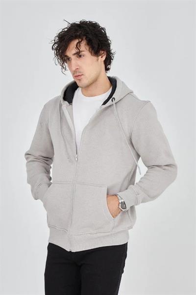 Erkek Kapüşonlu Düz Fermuarlı Hırka - Boyalı Gri