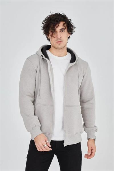 Erkek Kapüşonlu Düz Fermuarlı Hırka - Boyalı Gri
