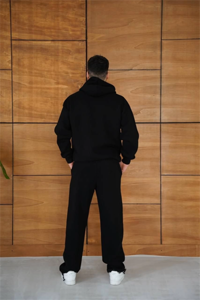 Erkek Kapüşonlu Eşofman Takım Örümcek Ağı Ve Neon Yeşil Baskılı Kanguru Cepli Oversize Rahat Kalıp, Premium Üç İplik Kumaş - Siyah