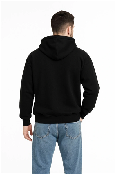 Erkek Kapüşonlu Sweatshirt  Hoodie 3 İplik Şardonlu Pamuklu Kumaş, Önü Baskılı, Fermuarlı Rahat Kalıp, Kışlık Ve Sokak Stili Sweat - Siyah