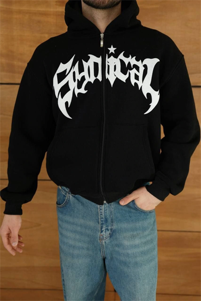 Erkek Kapüşonlu Sweatshirt  Hoodie 3 İplik Şardonlu Pamuklu Kumaş, Önü Baskılı, Fermuarlı Rahat Kalıp, Kışlık Ve Sokak Stili Sweat - Siyah