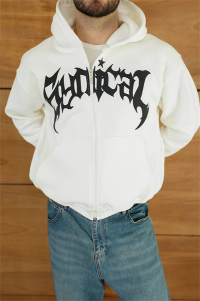 Erkek Kapüşonlu Sweatshirt Hoodie 3 İplik Şardonlu Pamuklu Kumaş, Önü Baskılı, Fermuarlı Rahat Kalıp, Kışlık Ve Sokak Stili Sweat - Beyaz