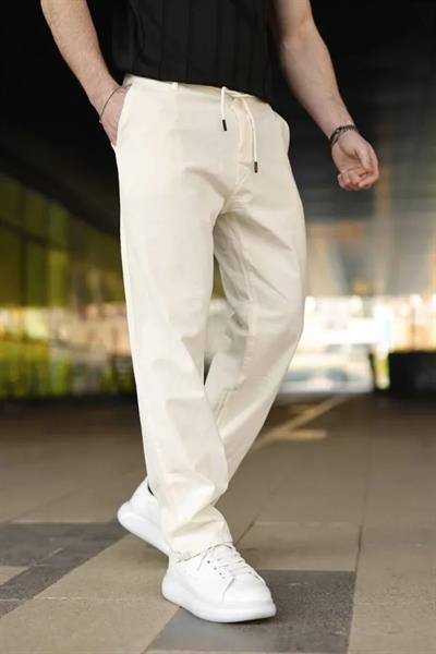 Erkek Keten Cepli Pantolon Lastikli Bel Bağcıklı Önden Fermuarlı - Krem