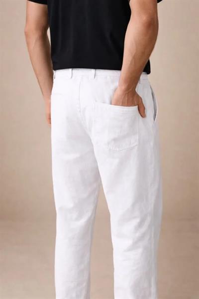 Erkek Keten Cepli Pantolon Lastikli Bel Bağcıklı Önden Fermuarlı - Beyaz