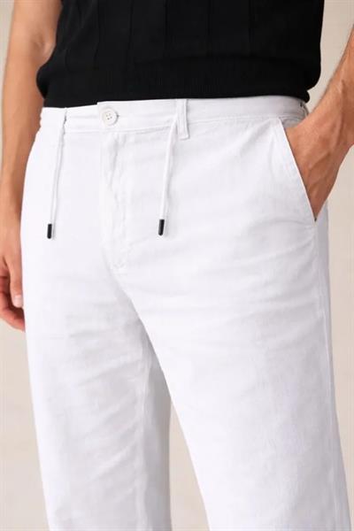 Erkek Keten Cepli Pantolon Lastikli Bel Bağcıklı Önden Fermuarlı - Beyaz