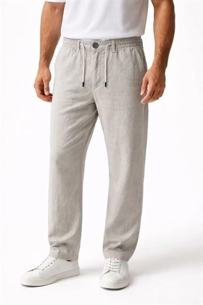 Erkek Keten Cepli Pantolon Lastikli Bel Bağcıklı Önden Fermuarlı - Gri