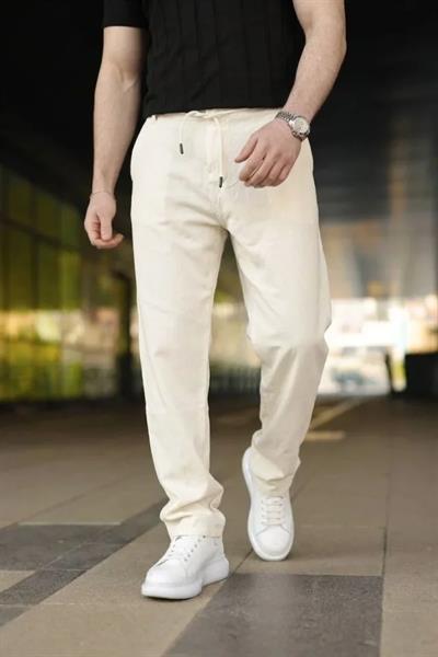 Erkek Keten Cepli Pantolon Lastikli Bel Bağcıklı Önden Fermuarlı - Krem