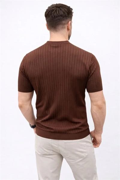 Erkek Kısa Kol Fitilli Triko T-Shirt Yazlık Hakim Yaka Tişört - Kahverengi