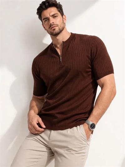 Erkek Kısa Kol Fitilli Triko T-Shirt Yazlık Hakim Yaka Tişört - Kahverengi