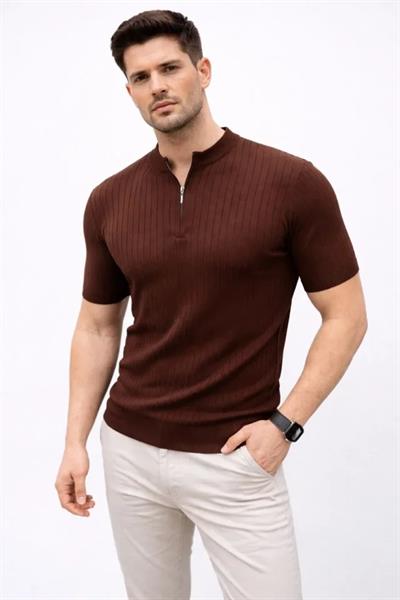 Erkek Kısa Kol Fitilli Triko T-Shirt Yazlık Hakim Yaka Tişört - Kahverengi