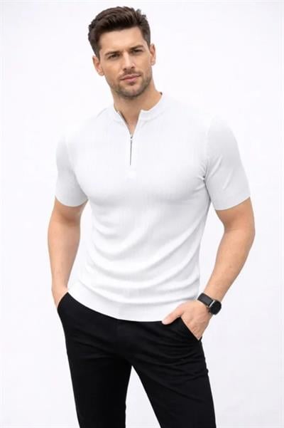 Erkek Kısa Kol Fitilli Triko T-Shirt Yazlık Hakim Yaka Tişört - Beyaz