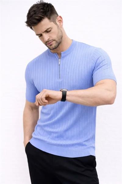 Erkek Kısa Kol Fitilli Triko T-Shirt Yazlık Hakim Yaka Tişört - Bebek Mavisi