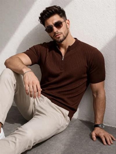 Erkek Kısa Kol Fitilli Triko T-Shirt Yazlık Hakim Yaka Tişört - Kahverengi