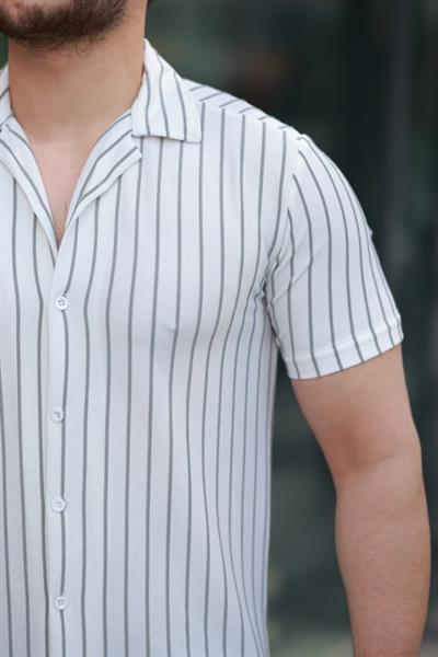 Erkek Kısa Kollu Gri çizgi Desenli örme Kumaş Pamuklu Gömlek